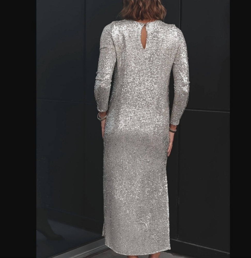 SHOW ME YOUR MUMU maddison
dress in platinum Silver Sequin Long Sleeve Gown Slit - Picture 9 of 14